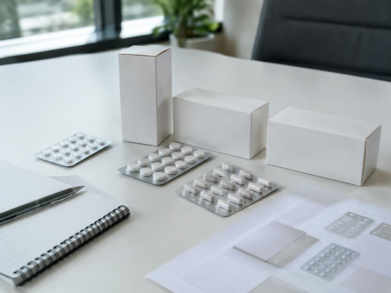 Pharmaceutical packaging on a desk