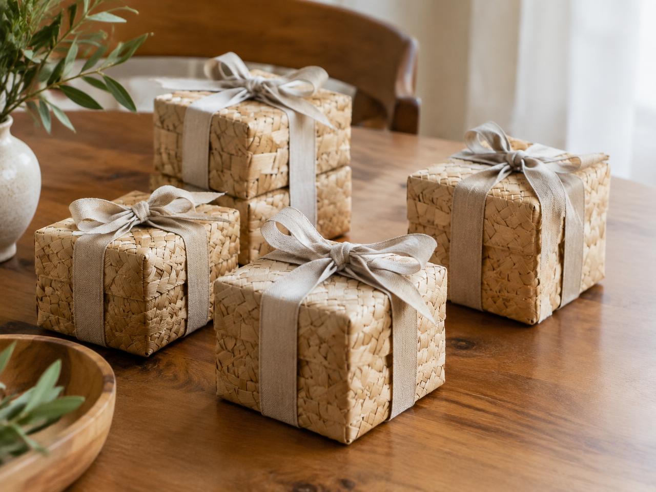 Kouna gift boxes tied with linen ribbon